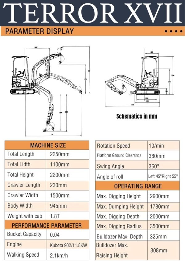 4,000 lb TYPHON TERROR XVII Mini Excavator Rubber Track with AC Heater Cabin and Kubota D902 Diesel Engine USA