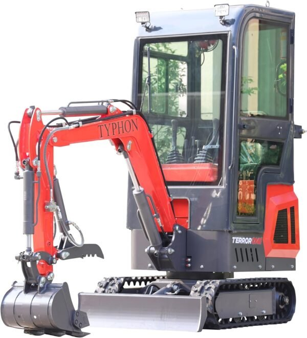 TYPHON Terror ONE Mini Excavator – 1.1 Ton Trench Digger with Cabin, Hydraulic Thumb Clip, Hydraulic Oil Cooler, 13.5hp B&S Engine USA
