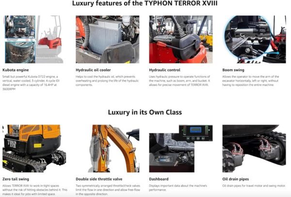 TYPHON TERROR XVIII 2 Ton Prestiage Heater Aircon Cabin Mini Excavator, EPA certified USA KUBOTA Diesel Machine for Garden, Farms, Parks, Roads – Ideal for Digging, Drilling, Bull-Dozing