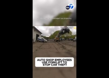 Auto store workers use forklift to prevent automotive robbery