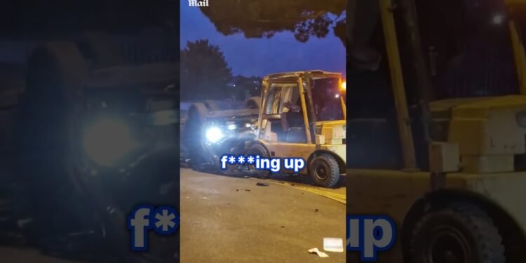 Driving force flips automobile in forklift rampage