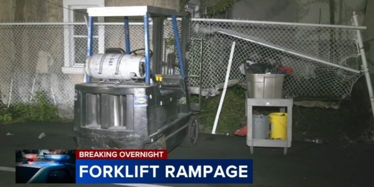 Guy makes use of forklift to break companies, drag cars in Port Richmond