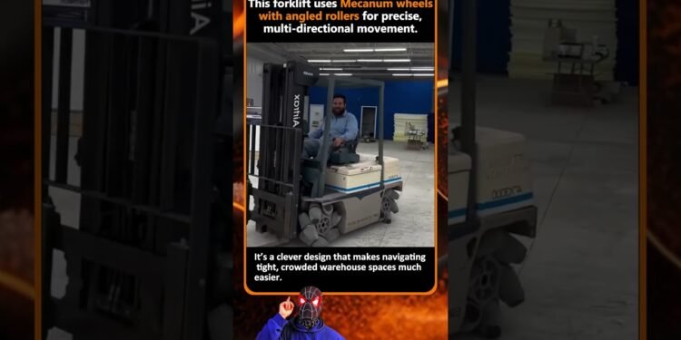 This forklift makes use of Mecanum wheels with angled rollers