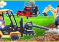 Landscaping compilation with youngsters trip on tractor, garden mower, forklift, excavator, and tow truck