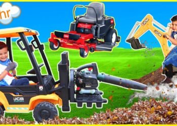 Landscaping compilation with youngsters trip on tractor, garden mower, forklift, excavator, and tow truck