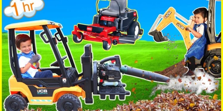 Landscaping compilation with youngsters trip on tractor, garden mower, forklift, excavator, and tow truck